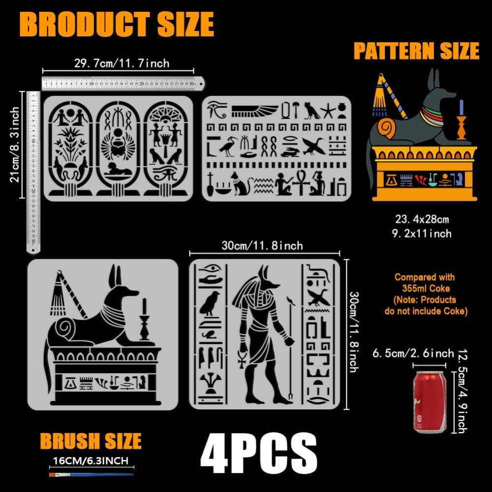 Paint Brush - 4개 세트 이집트 상징 스텐실 브러시로