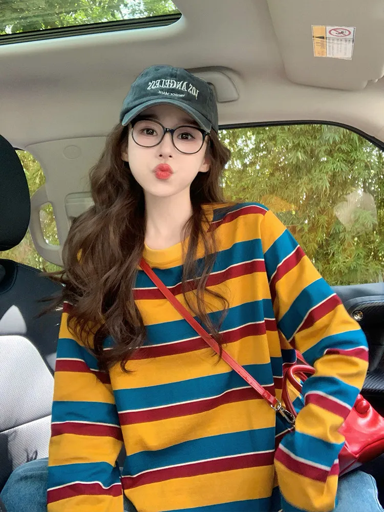 여성용 컬러 블록 스트라이프 긴팔 티셔츠, 둥근 네크라 - Wallpaper 리뷰 및 가격