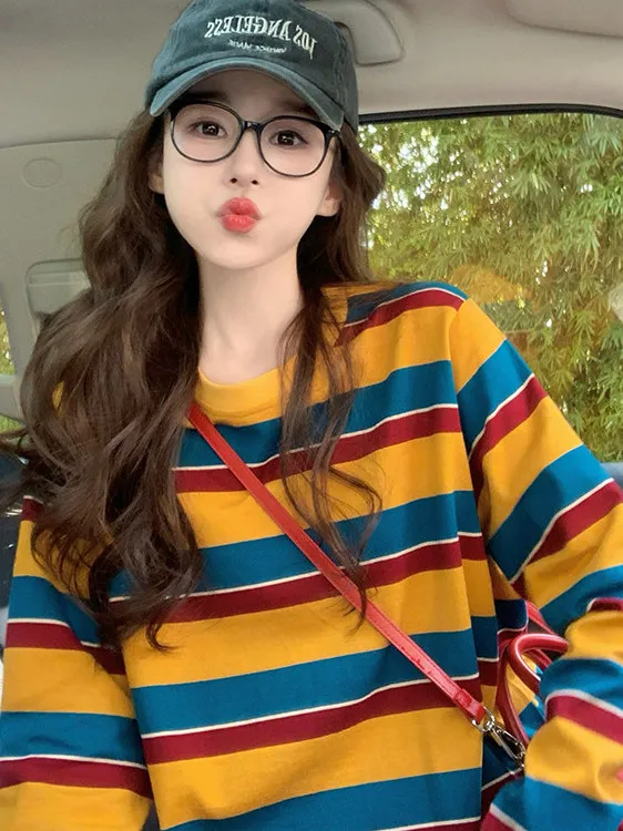 여성용 컬러 블록 스트라이프 긴팔 티셔츠, 둥근 네크라 - Wallpaper 리뷰 및 가격
